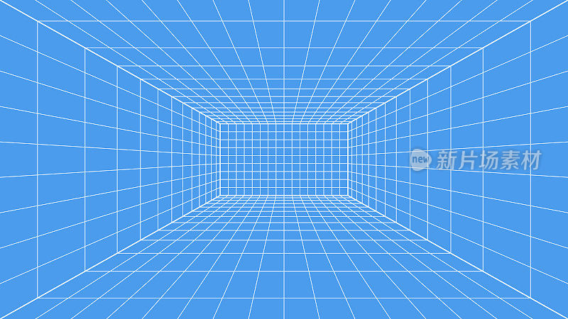 三维线框网格室。三维透视激光栅格16 9。网络空间蓝色背景与白色网格。虚拟现实中的未来数字走廊空间。矢量图